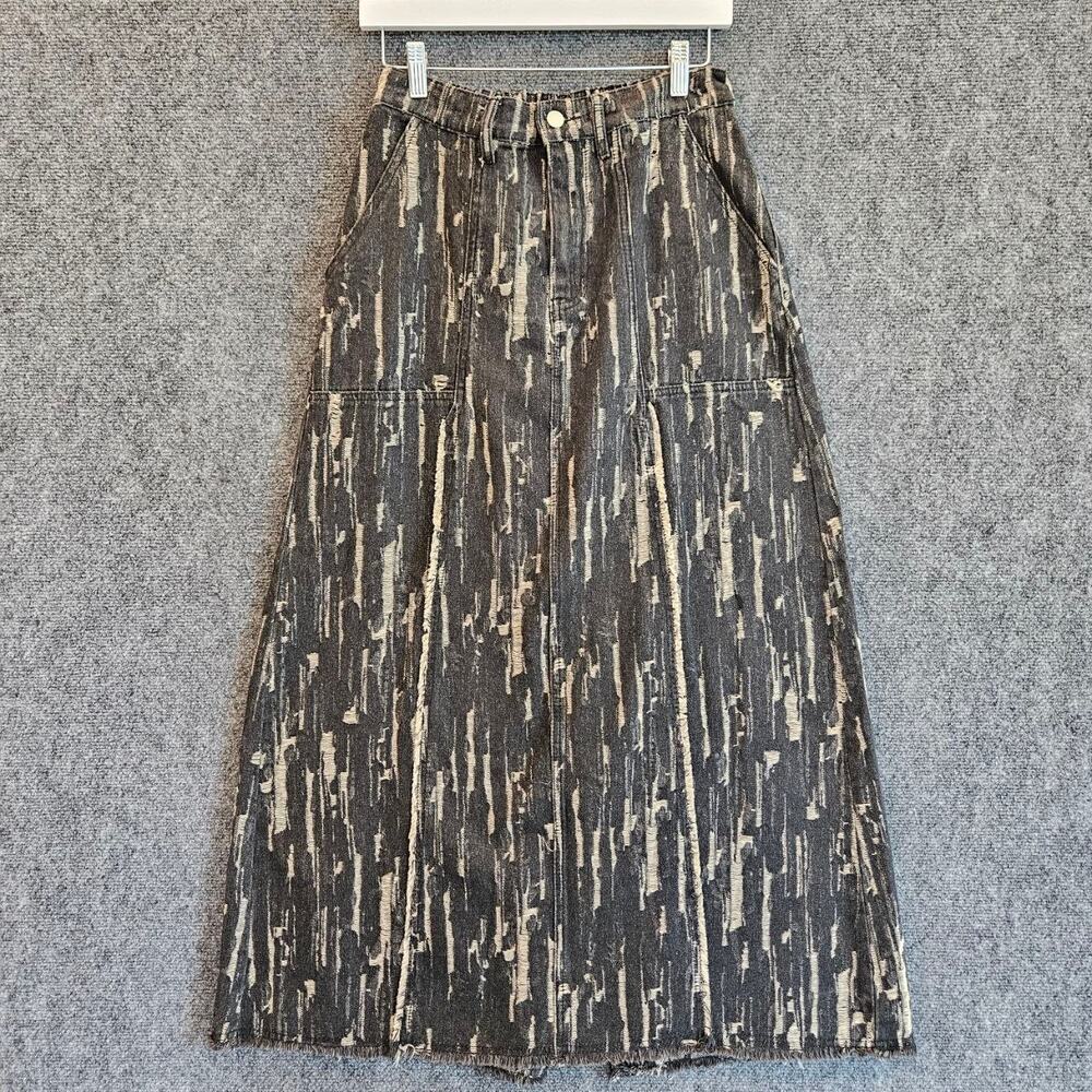 Duantuan Abstract Print Denim A-Line Maxi Skirt Women's Size 40 Gray Beige